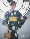 浴衣 レディース セット 帯 下駄 作り帯 平帯 和装 モダン 和服 Tika ティカ レトロ 黒地×ホワイトポピー ゆかた3点セット