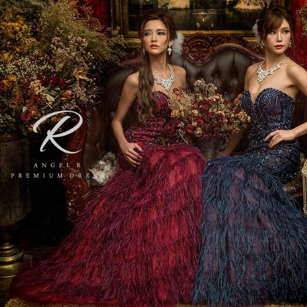 Angel-RPREMIUM エンジェルアールプレミアム 高級ベアストーンビジュー刺繍オーストリッチフェザーマーメイドロングバースデードレス