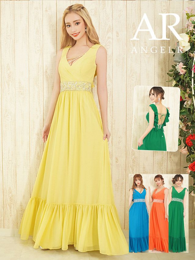 Angel-R エンジェルアール 高級ノースリーブウエストビジューバックオープンフリルAラインバースデードレス