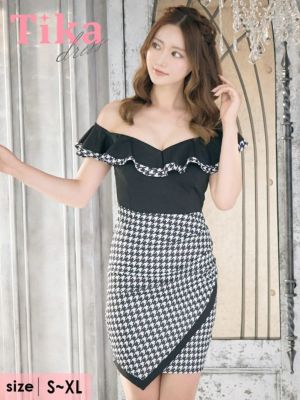 オフショルダー胸元フリルウエスト切替千鳥格子...