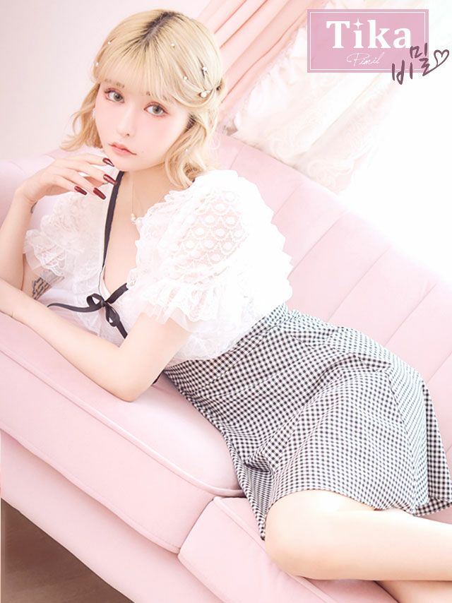 キャバドレス ミニ丈 韓国ドレス Aライン ワンピース Tika ティカ パフスリーブレースチュールリボンガーリースタイルハイウエスト切替フレアチェック柄ミニドレス