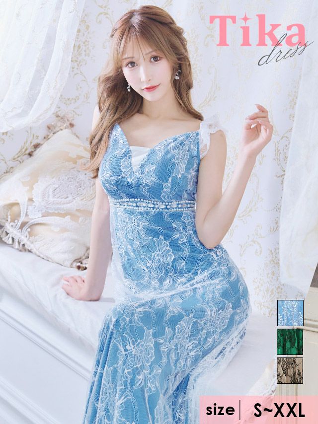 キャバドレス ロングドレス マキシ丈 ロング丈 オフショル キャバクラ クラブ Tika ティカ 2Wayオフショルダーウエストビジューライン総レースAラインロングドレス