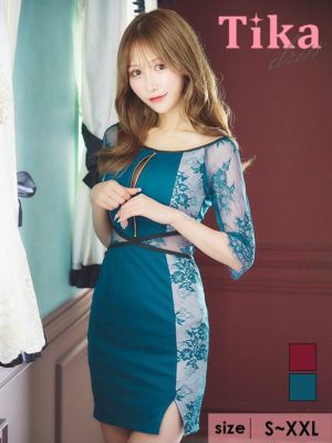 キャバドレス ミニ丈 セクシー 大きいサイズ キャバクラ クラブ Tika ティカ フロントファスナーレース袖ありくびれタイトミニドレス