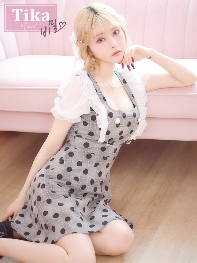 キャバドレス 韓国ドレス Aライン 体型カバー ワンピース ワンピ Tika ティカ グレンチェック柄×ドット柄シアーフリルパフスリーブガーリースタイル半袖フレアミニドレス