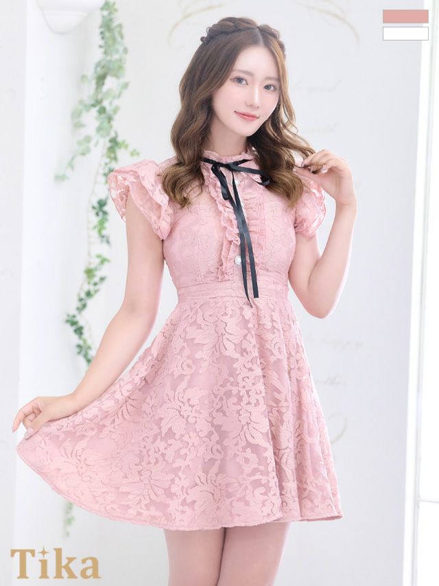 キャバドレス Aライン ワンピース ミニ丈 大きいサイズ Tika ティカ シースルーフラワー総レースハイネックリボンフリル袖フレアミニドレス