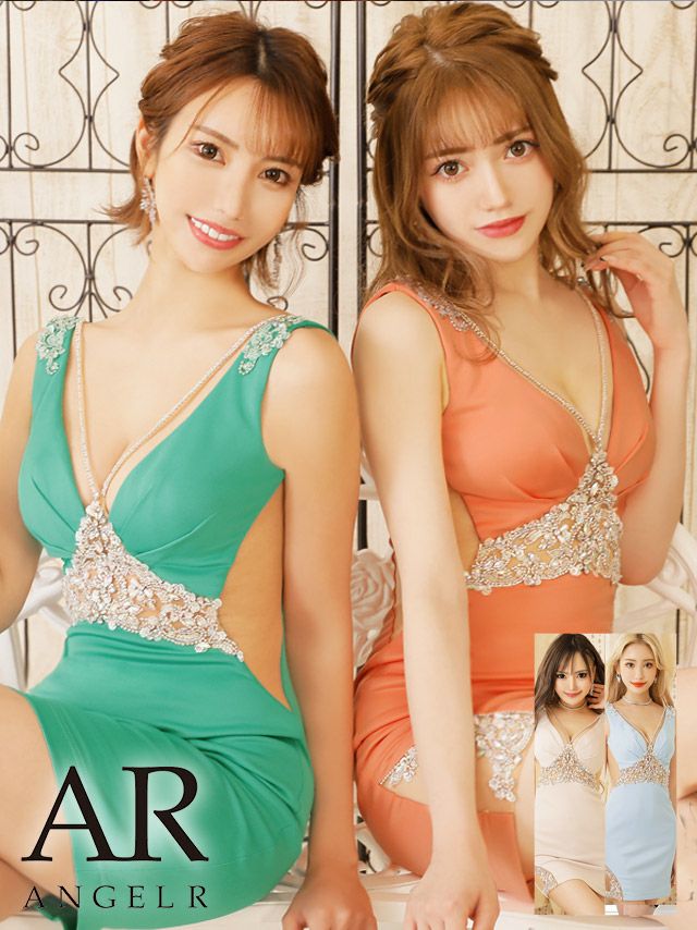 Angel-R エンジェルアール 高級ウエストビジュープランジネックタイトミニドレス