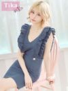 キャバドレス 韓国 ミニ丈 キャバクラ クラブ ラウンジ Tika ティカ Vネック2段フリル袖ウエストマークストレッチデニムノースリーブタイトミニドレス