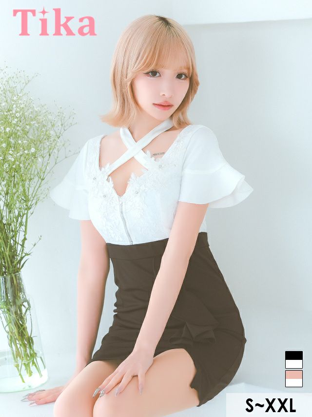 キャバドレス ミニ丈 大きいサイズ キャバクラ クラブ ラウンジ Tika ティカ フリル袖立体フラワー刺繍バストシッパーデザインクロスネック半袖スリットバイカラータイトミニドレス