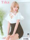 キャバドレス ミニ丈 大きいサイズ キャバクラ クラブ ラウンジ Tika ティカ フリル袖立体フラワー刺繍バストシッパーデザインクロスネック半袖スリットバイカラータイトミニドレス