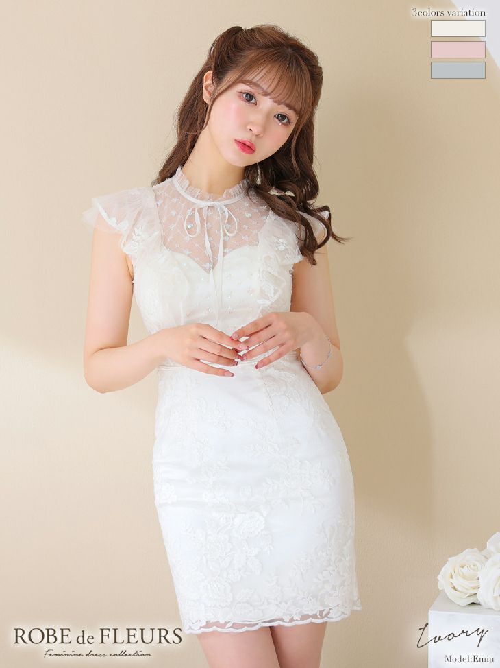 ROBEdeFLEURS ローブドフルール 高級刺繍レース×フリル袖ブロックチェックミニドレス