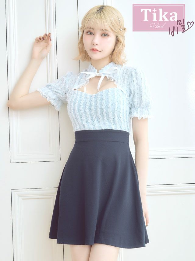 キャバドレス ミニ丈 韓国ドレス ワンピース Tika ティカ 半袖ふわふわレースネックリボンハイウエスト切替フレアガーリースタイルミニドレス