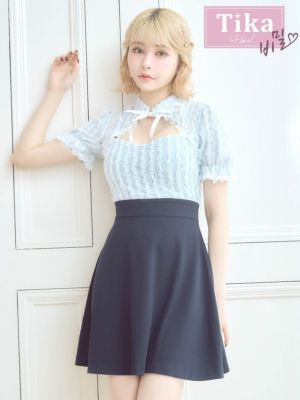 [韓国ドレス] 半袖レースハイウエスト切替フ...
