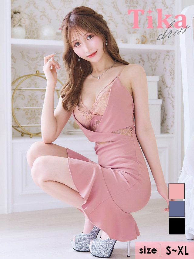 キャバドレス ミニ丈 セクシー 大きいサイズ キャバクラ クラブ Tika ティカ バストストリングキャミソールヌーディーレース切り替え裾フリルタイトミニドレス