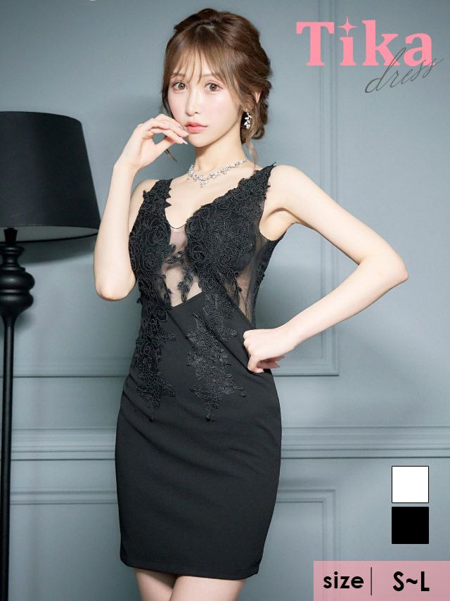 キャバドレス ミニ丈 セクシー 大きいサイズ キャバクラ クラブ ラウンジ スナック Tika ティカ 立体フラワーレースシアー切り替えノースリーブタイトミニドレス