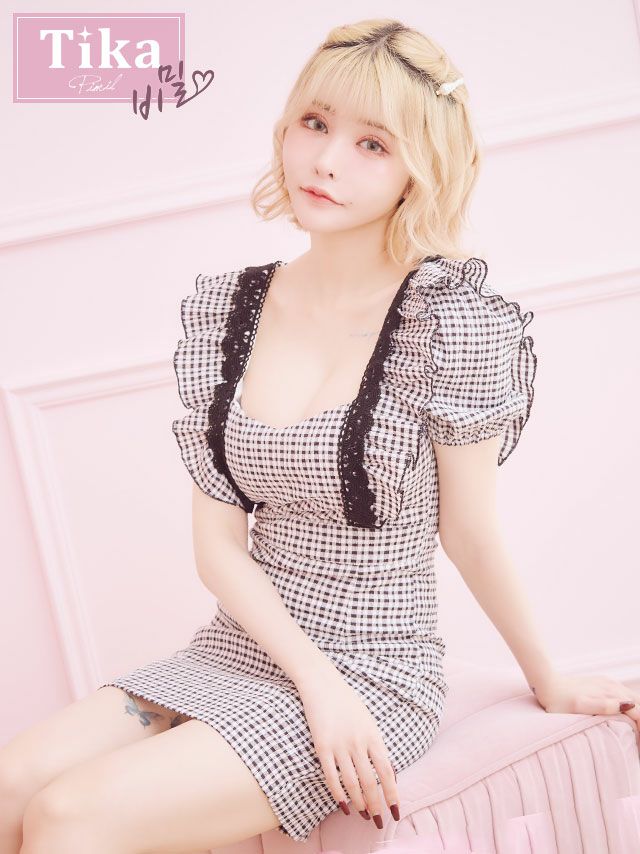 キャバドレス 韓国ドレス ミニ丈 ワンピース ワンピ キャバクラ クラブ ラウンジ Tika ティカ ギンガムチェック柄レーステープフリル袖ストレッチ半袖ガーリースタイルタイトミニドレス