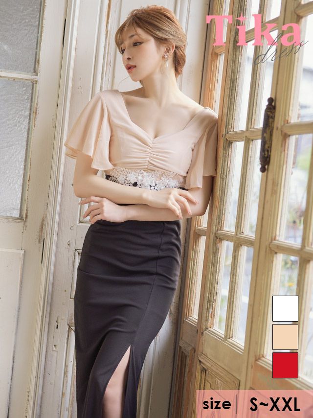 キャバドレス ロング丈 袖あり セクシー 大きいサイズ マキシ丈 Tika ティカ シフォンフレアスリーブフラワー刺繍ハイウエスト切り替え半袖スリットタイトロングドレス