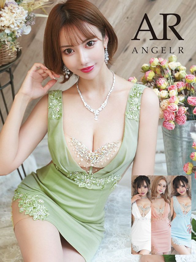 Angel-R エンジェルアール 高級バストビジュープランジングネックデザインフラワーモチーフタイトミニドレス