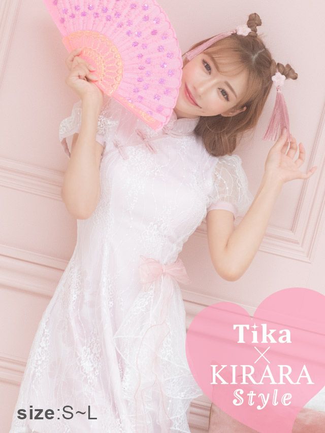 コスプレ 総レースリボンラブリー体型カバーフレアスカートガーリーチャイナドレス 4点セット