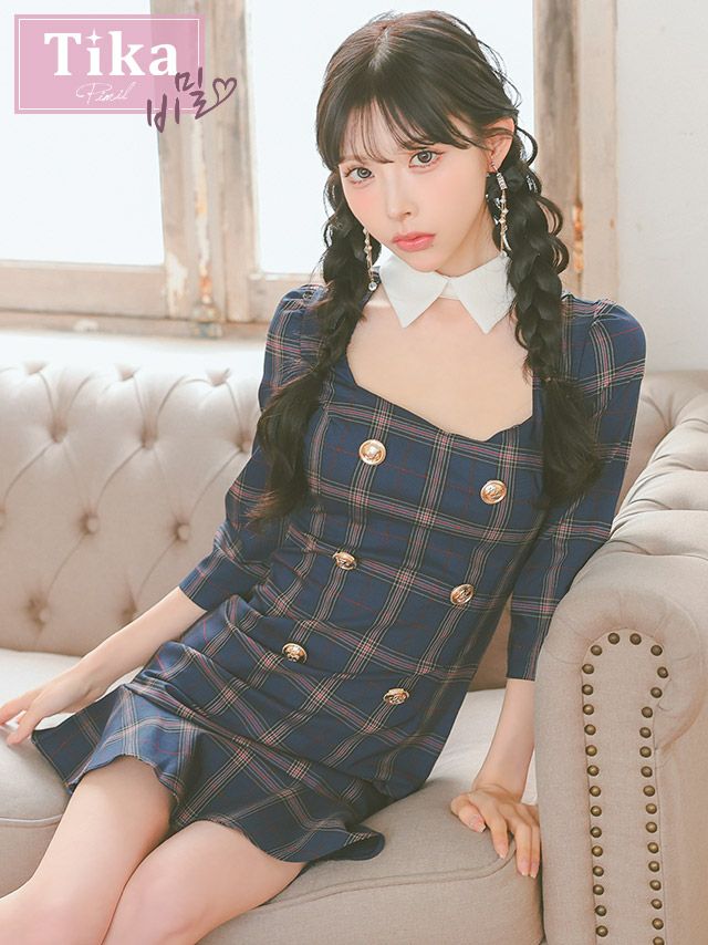 キャバドレス 韓国 韓国ドレス 伊藤桃々着用 ティカ Tika チェック柄デザインカラー付き袖ありガーリータイトミニドレス