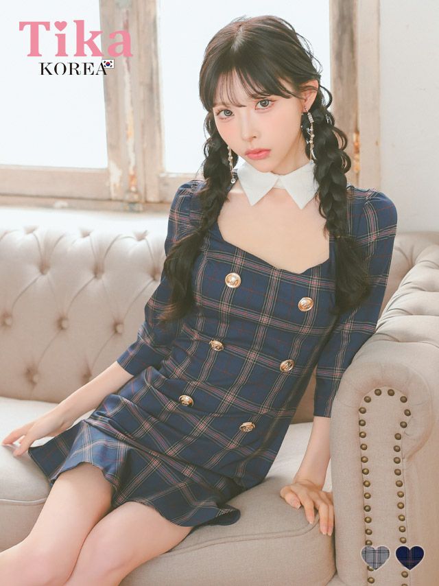キャバドレス 韓国 韓国ドレス 伊藤桃々着用 ティカ Tika チェック柄デザインカラー付き袖ありガーリータイトミニドレス