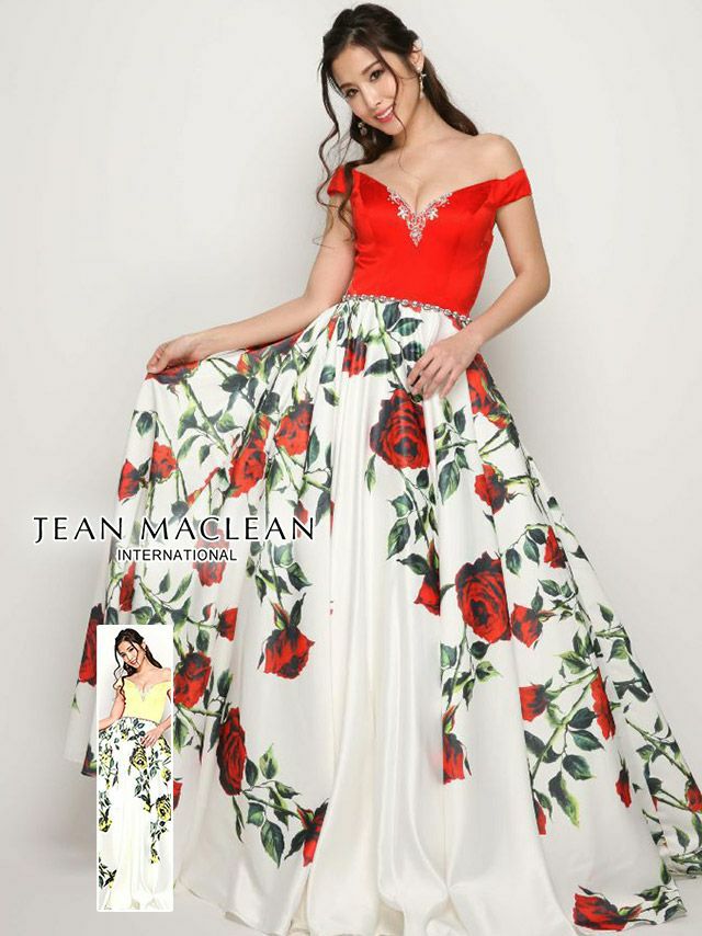 JEANMACLEAN ジャンマクレーン 高級フラワーデザインオフショルダーボリュームスカートロングドレス