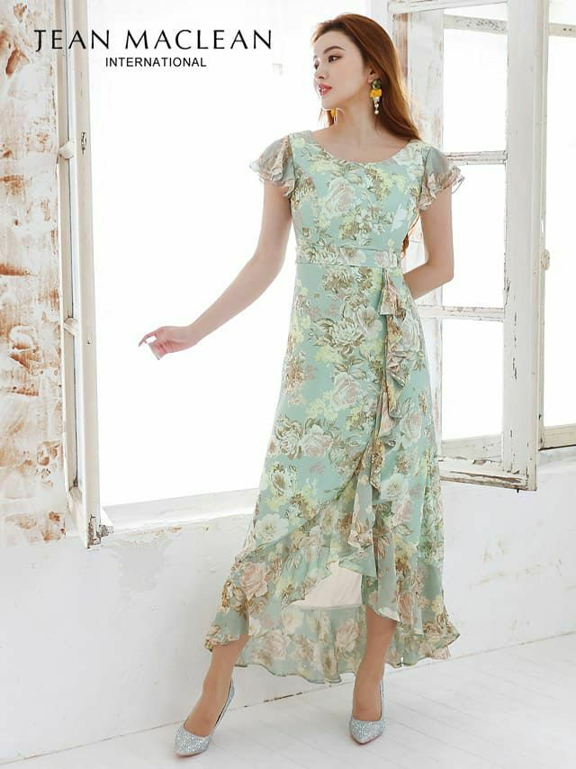 JEANMACLEAN ジャンマクレーン 高級フラワープリントフリルフレアワンピースロングドレス