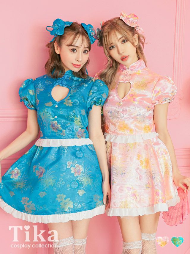 コスプレ チャイナ服 セット 衣装 仮装 コスチューム 可愛い お化けの日 ハロウィンコスプレ 3点set 花柄ハートカットアウトセットアップチャイナドレス