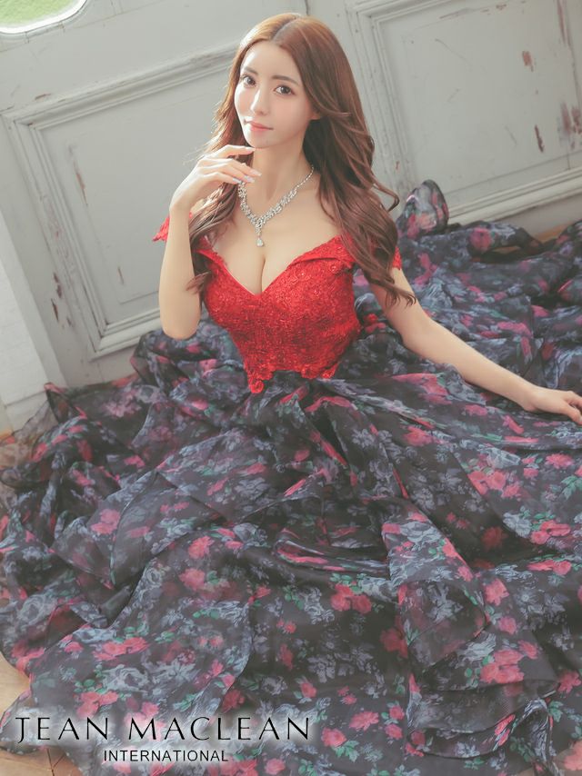 JEANMACLEAN ジャンマクレーン 高級フラワーチュールレースオフショルダーロングバースデードレス