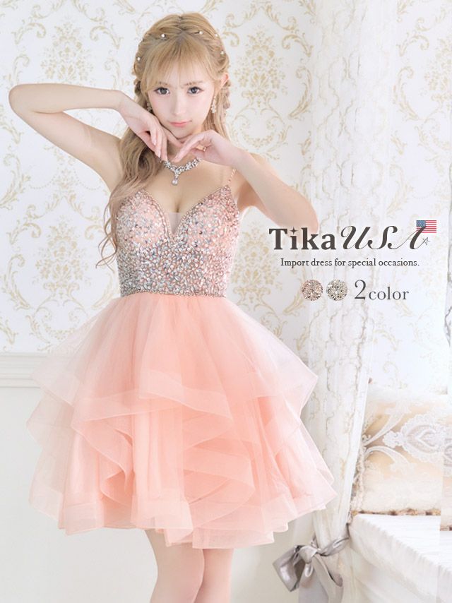 LA直輸入 バックスピンドルキャミソールゴージャスビジュー切替ボリュームフレアミニドレス (XSサイズ Sサイズ) (聖菜 キャバドレス着用)