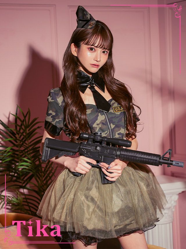 コスプレ 軍人 警察 迷彩 衣装 仮装 コスチューム ハロウィンコスプレ 5点set ハートカットジッパーボリュームチュールスカートアーミーガールCuteポリス
