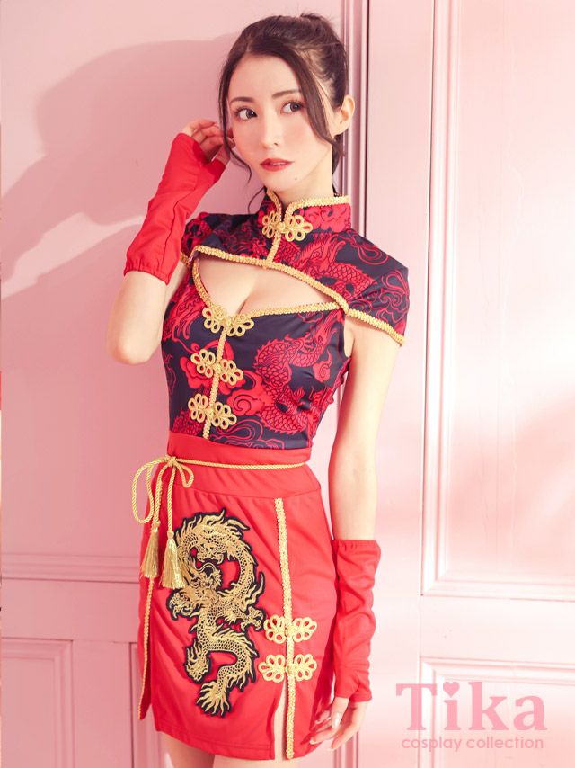 コスプレ カンフー服 チャイナ衣装 仮装 コスチューム セクシー ハロウィンコスプレ 3点set バストカットアウトデザインミニ丈カンフー チャイナドレス
