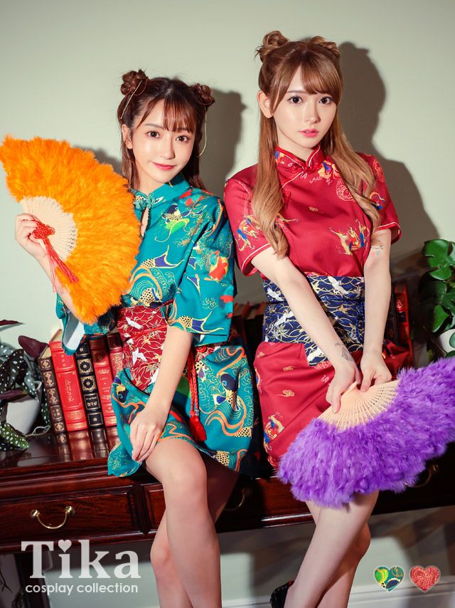 コスプレ チャイナ服 可愛い 衣装 仮装 お化けの日 体型カバー Tika ティカ ハロウィンコスプレ 3点set 総柄ミニ丈Cute映えチャイナドレス