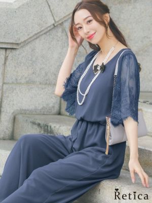 二次会におすすめシンプル5部袖シフォンワイドパンツ結婚式パーティードレス [Retica/レティカ]