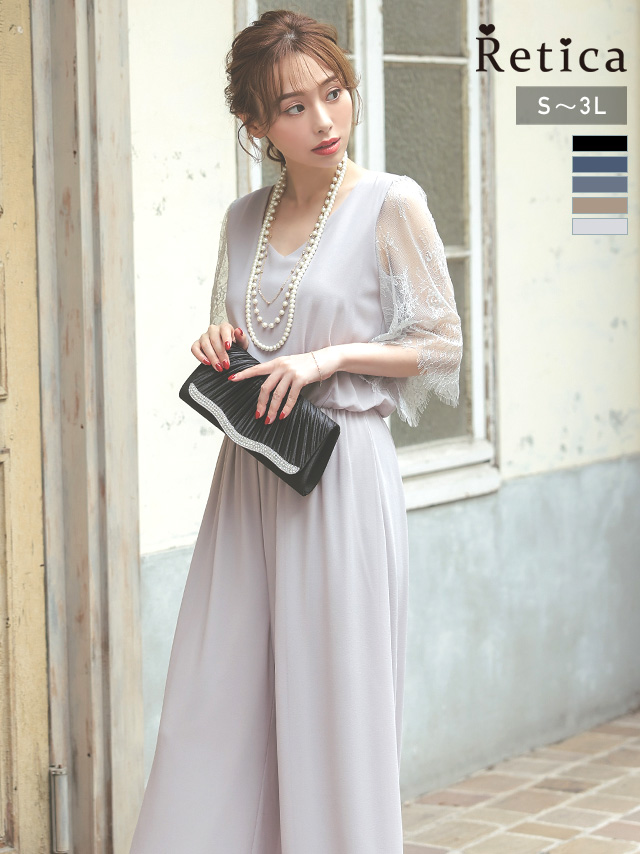 シフォンウエスト切り替えワイドパンツシアーレーススリーブ結婚式パーティードレス