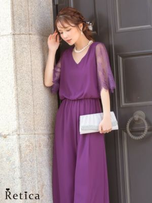 二次会におすすめ5部袖Vネックワンカラーワイドパンツ二の腕カバー結婚式パーティードレス [Retica/レティカ]