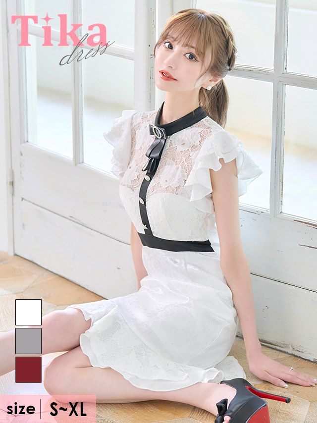 キャバドレス ドレス ハイネック 綺麗 可愛い キュート 大人 Tika ティカ リボンブローチデザインウエスト切り替えフラワーフリル袖マーメイドノースリーブタイトミニドレス