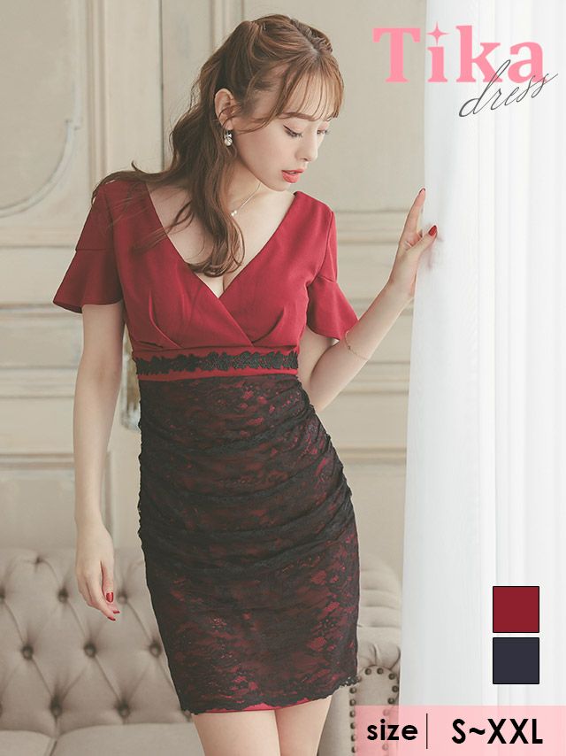 キャバドレス ミニ丈 袖あり 大きいサイズ キャバクラ クラブ Tika ティカ 半袖カシュクールネックウエスト刺繍切替ブラックレースギャザータイトミニドレス