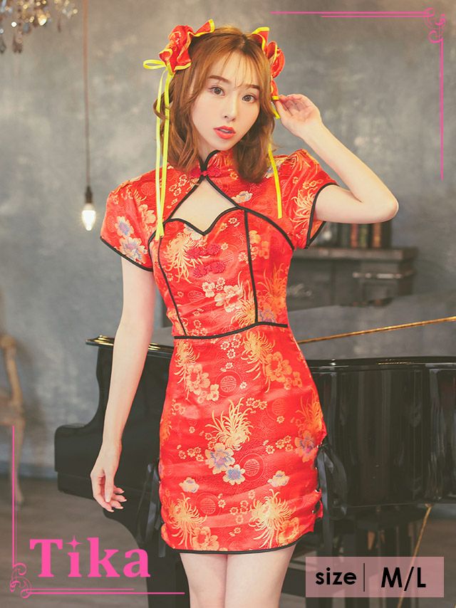 コスプレ チャイナ服 衣装 仮装 コスチューム ハロウィンコスプレ 2点set ゴールドフラワーサイドレースアップセクシーチャイナドレス