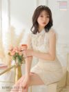ROBEdeFLEURS ローブドフルール 高級襟付きネックリボンノースリーブチュールフリルフラワーレースミニドレス