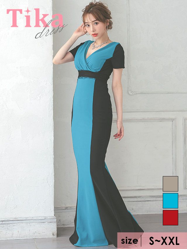 キャバドレス ロング丈 大きいサイズ マキシ丈 袖あり　キャバクラ Tika ティカ ウエストレースラインバイカラー半袖バックスリットマーメイドロングドレス