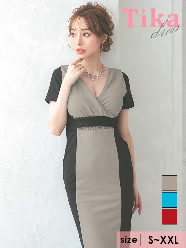 ドレス キャバ キャバクラ キャバ嬢 キャバドレス ナイトドレス マーメイドドレス ロングドレス 半袖 袖あり 大人 綺麗 可愛い エレガント Tika ティカ カシュクールサイドバイカラーウエストレース切り替えバックスリット半袖マーメイドロングドレス