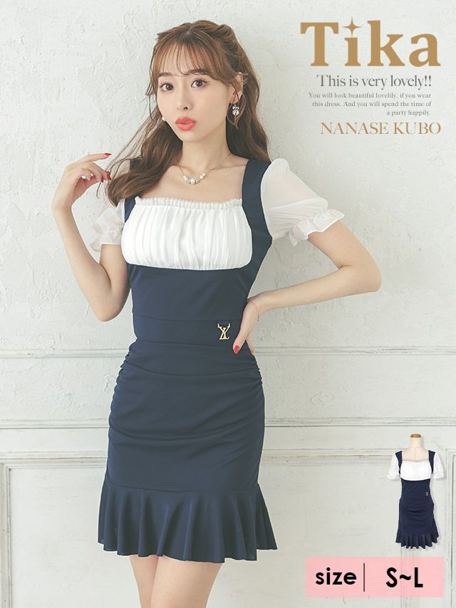 キャバドレス 韓国ドレス ワンピース 半袖 Tika ティカ シフォンパフスリーブハイウエスト切替ガーリースタイル裾フリル半袖タイトミニドレス