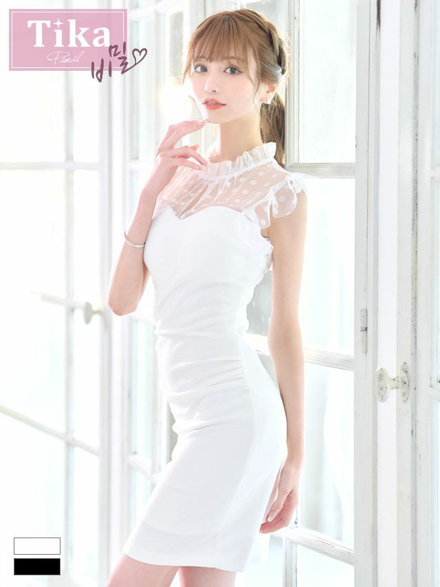 キャバドレス 韓国 ミニ丈 大きいサイズ キャバクラ クラブ ワンピース Tika ティカ ハイネックシアードット柄ノースリーブフリル袖レディスタイルストレッチタイトミニドレス