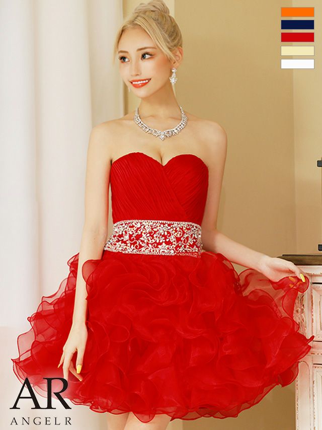 Angel-R エンジェルアール 高級ウエストビジューフリルバックレースアップベアトップフレアミニドレス