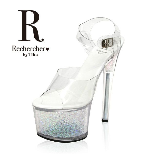 キャバサンダル 靴 パンプス クリアサンダル Tika ティカ ストラップ付きオーロララメホログラム厚底クリアハイヒールサンダル