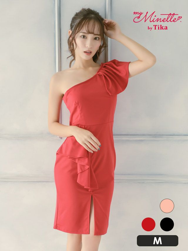 ワンショルダーゴージャスフリル袖膝丈フロントスリットタイトプチプラドレス