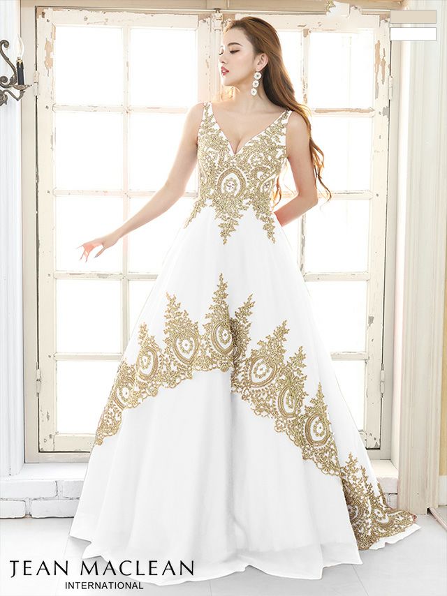 キャバドレス　ミニドレス JEANMACLEAN ジャンマクレーン 高級バストVカットビジュー刺繍デザインノースリーブフレアロングドレス