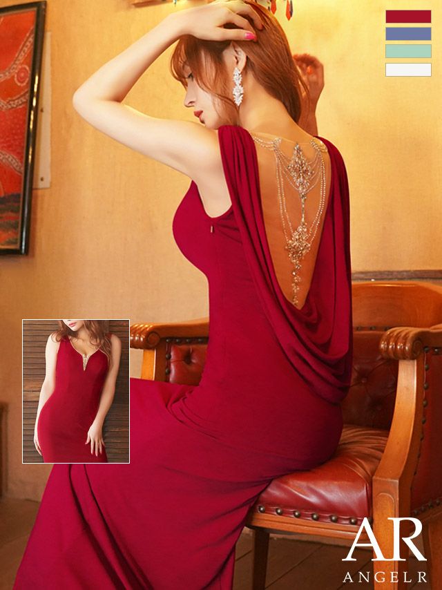 キャバドレス ロングドレス Angel-R エンジェルアール 高級ノースリーブバックビジュードレープタイトロングドレス
