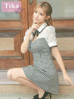 韓国キャバドレス襟付きネックリボンバストカットチェック柄半袖ガーリースタイルフレアミニドレス