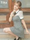 キャバドレス 韓国 ミニ丈 Aライン 大きいサイズ ワンピース Tika ティカ 襟付きネックリボンバストカットチェック柄半袖ガーリースタイルフレアミニドレス